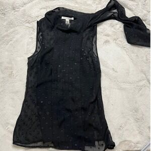 Banana Republic Blouse Womens 00P Black Excellent Sheer Clip Dot Tie Neck Top